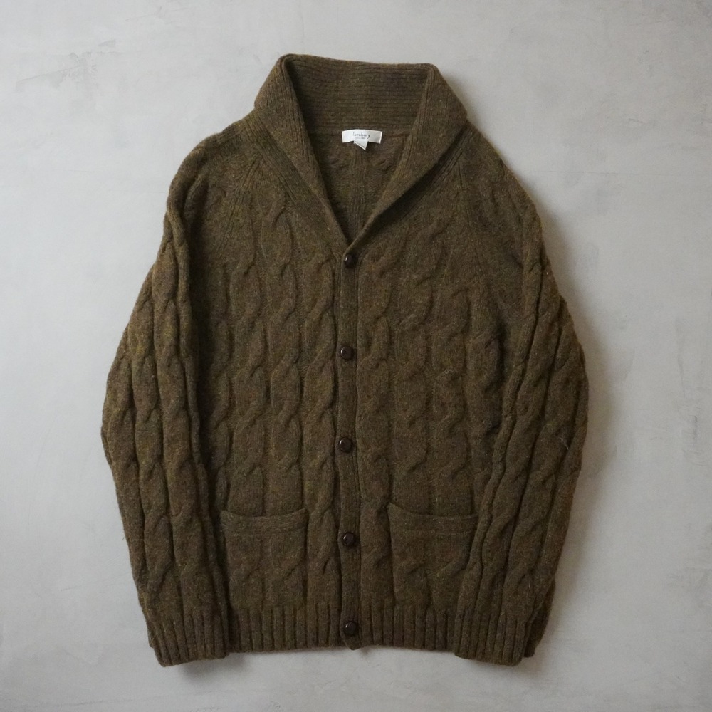 Turnbury Cable Knit Cardigan Sweater Large Olive Green Lambswool Shawl Neck